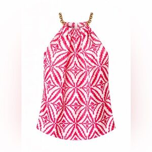 Milly NY Pink Geometric Silk‎ Halter Top Gold Chain Neck Y2K Preppy Chic-10